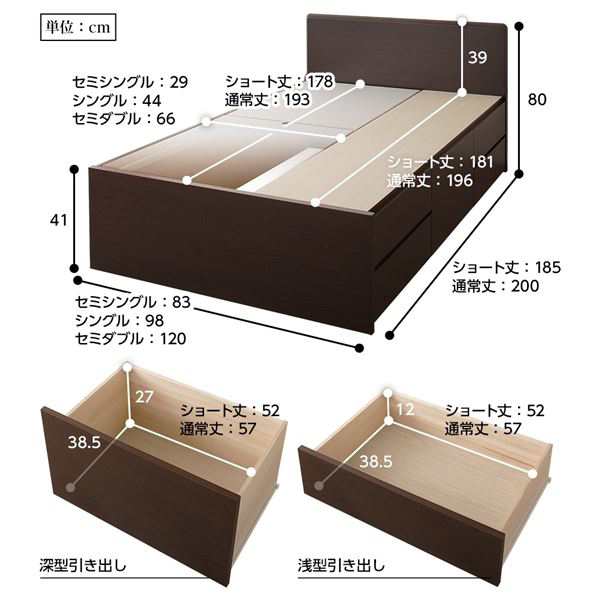 フラットヘッドボード 頑丈ボックス収納 ベッド ショート丈 シングル ダークブラウン 日本製 ポケットコイルマットレスの通販は