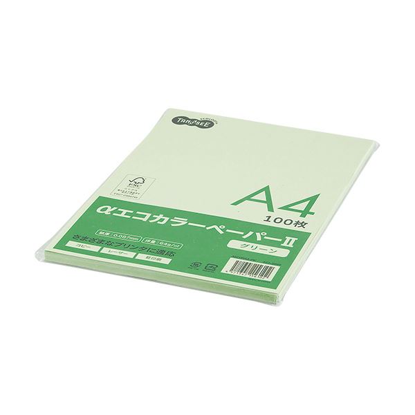 (まとめ) TANOSEE αエコカラーペーパーII A4 グリーン 少枚数パック 1冊（100枚）  〔×30セット〕 【北海道・沖縄・離島配送不可】