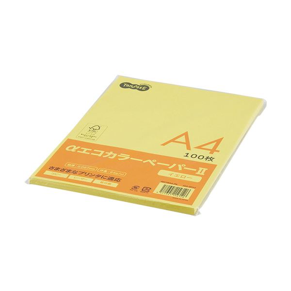 (まとめ) TANOSEE αエコカラーペーパーII A4 イエロー 少枚数パック 1冊（100枚）  〔×30セット〕 【北海道・沖縄・離島配送不可】