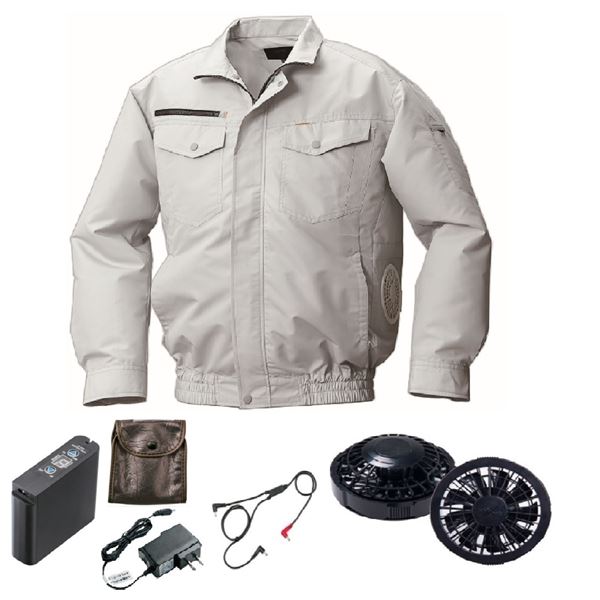 KU92030 空調服 R 綿・ポリ混紡 横ファン FAN2200B・CBB500ロングケーブル・LIPRO2セット シルバー 5L 【北海道・沖縄・離島配送不可】