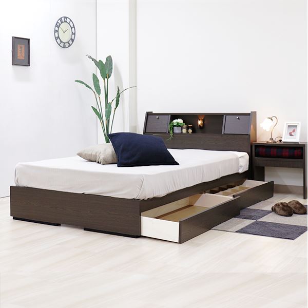 ベッド 日本製 ブラウン シングル マットレスセット ポケットコイル 収納付き 引き出し付き 棚付き コンセント付き 照明付き フラップ テーブル付き シングルベッドの通販は