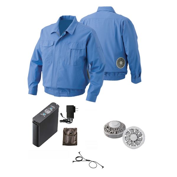 綿難燃 空調服/作業着 〔ファンカラー：グレー カラー：ライトブルー 4L〕 リチウムバッテリー付き 吸水性 吸湿性 LIPRO2 KU91730の通販は