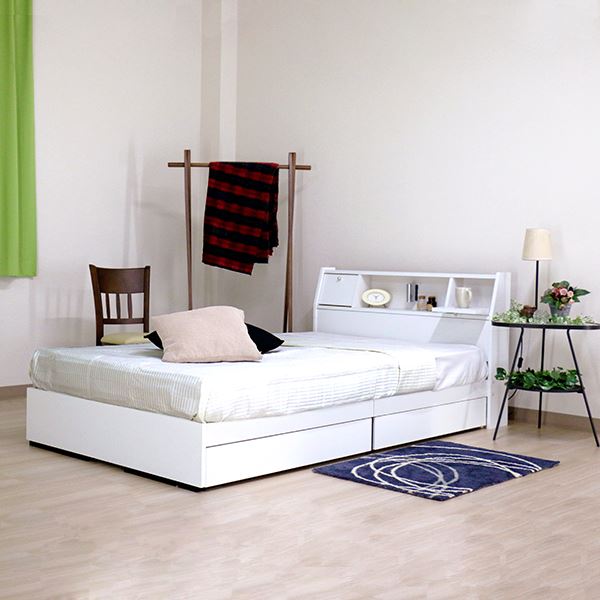 ベッド 日本製 ホワイト セミダブル マットレスセット ポケットコイル 収納付き 引き出し付き 棚付き コンセント付き 照明付き フラップ テーブル付き セミダブルベッドの通販は 39,435円