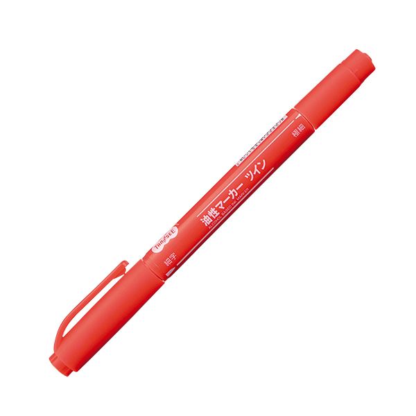 (まとめ) TANOSEE キャップ式油性マーカー ツイン 細字+極細 赤 1セット（50本） 〔×10セット〕 【北海道・沖縄・離島配送不可】