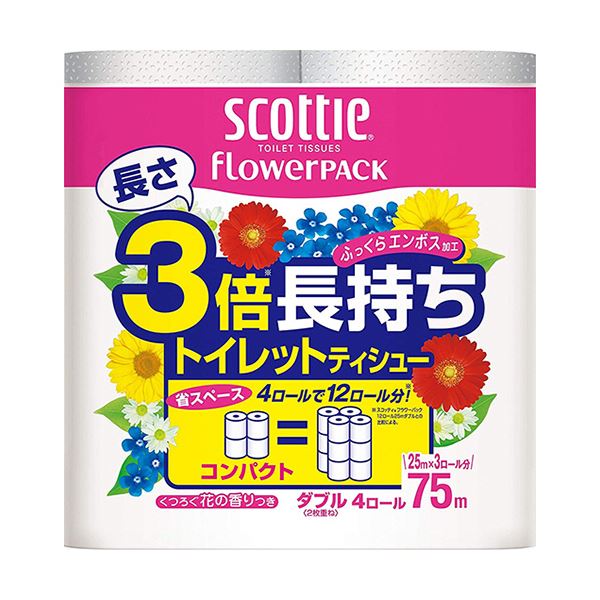 （まとめ）日本製紙クレシア スコッティ フラワーパック 3倍長持ち ダブル 芯あり 75m 1パック（4ロール） 〔×10セット〕 【北海道・沖縄・離島配送不可】