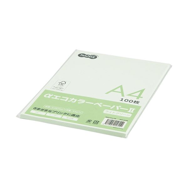 (まとめ) TANOSEE αエコカラーペーパーII A4 ライトグリーン 少枚数パック 1冊（100枚）  〔×30セット〕 【北海道・沖縄・離島配送不可】