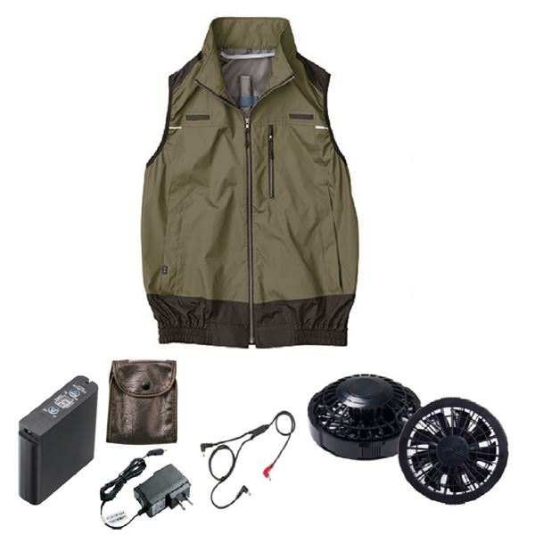 KU92120 空調服 R ポリエステル製 遮熱フルハーネス仕様ベスト FAN2200B・RD9261・LIPRO2セット カーキグリーン L 【北海道・沖縄・離島配送不可】