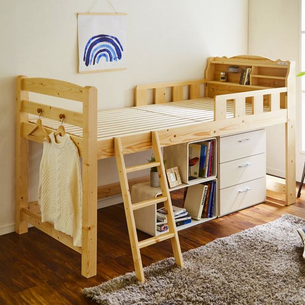 ミドルベッド〔ナチュラル〕カントリー調 棚付き ライト付き 2口コンセント付きの通販は 88,883円