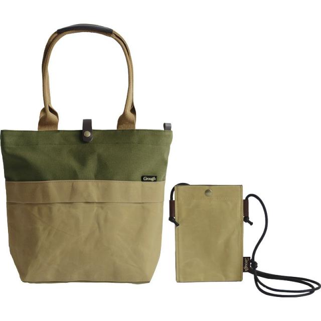 【ギフト】パラフィン加工帆布×レザー トートバッグ&スマホミニショルダー ベージュ×カーキ 【北海道・沖縄・離島配送不可】