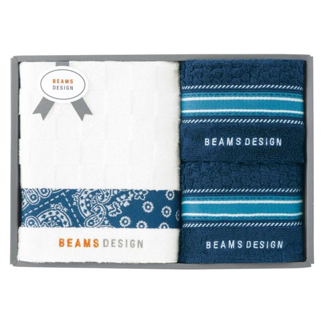 【ギフト】BEAMS DESIGN チェッカーバンダナ バスタオル&フェイスタオル2P ネイビーブルー 【北海道・沖縄・離島配送不可】
