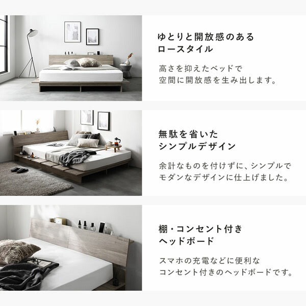 ローベッド 棚付 ステージタイプ セミダブル 幅140cm 3ゾーンポケットコイルマットレス付 ホワイト ステージベッド 【北海道・沖縄・離島配送不可】_2