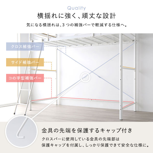 ロフトベッド シングル ベッドフレームのみ ライトグレー ベッド スチール 頑丈 宮付き コンセント付 組立品 【北海道・沖縄・離島配送不可】_3