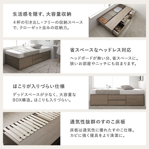 ヘッドレス チェスト ベッド ショート丈セミシングル ホワイト 薄型国産ポケットコイルマットレス付 引き出し 収納ベッド 【北海道・沖縄・離島配送不可】_2