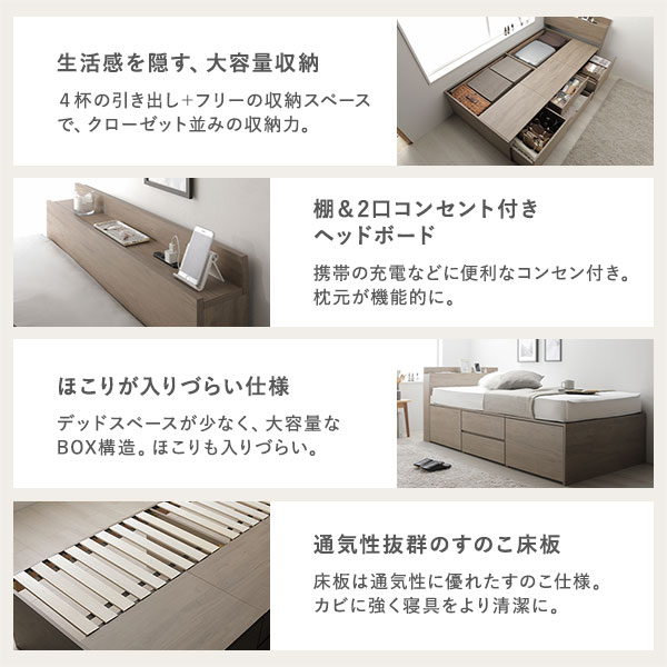 宮付き チェスト ベッド 通常丈セミダブル ホワイト 薄型国産ポケットコイルマットレス付 引き出し 収納ベッド 棚付 【北海道・沖縄・離島配送不可】_2