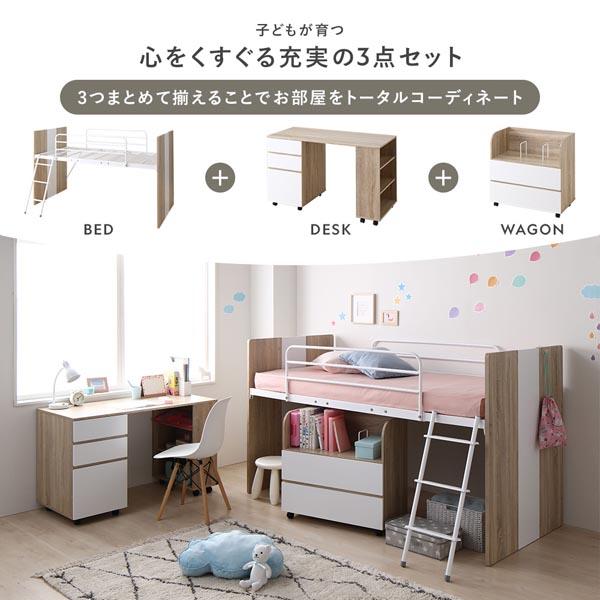 システムベッド 3点セット ＋ マットレス付き ベッド幅102cm グレー シングル ロフトベッド 学習机 デスクワゴン 子供部屋 【北海道・沖縄・離島配送不可】_2
