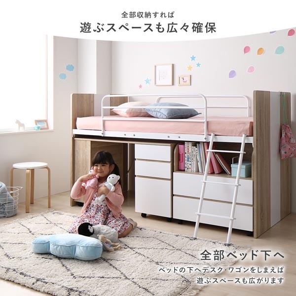 システムベッド 3点セット ＋ マットレス付き ベッド幅102cm グレー シングル ロフトベッド 学習机 デスクワゴン 子供部屋 【北海道・沖縄・離島配送不可】_3