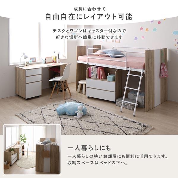 システムベッド 3点セット ＋ マットレス付き ベッド幅102cm グレー シングル ロフトベッド 学習机 デスクワゴン 子供部屋 【北海道・沖縄・離島配送不可】_5