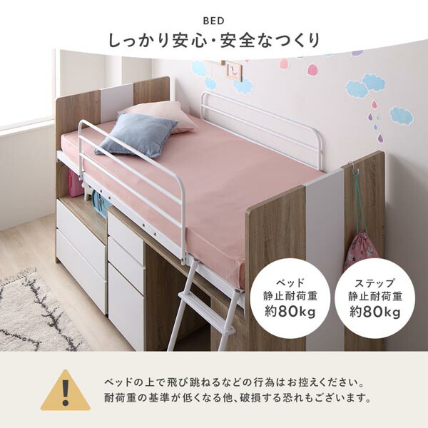 システムベッド 3点セット ＋ マットレス付き ベッド幅102cm グレー シングル ロフトベッド 学習机 デスクワゴン 子供部屋 【北海道・沖縄・離島配送不可】_8