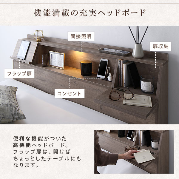 ベッド ダブル 3ゾーンポケットコイルマットレス付 グレージュ 収納 コンセント 宮付 【北海道・沖縄・離島配送不可】_9