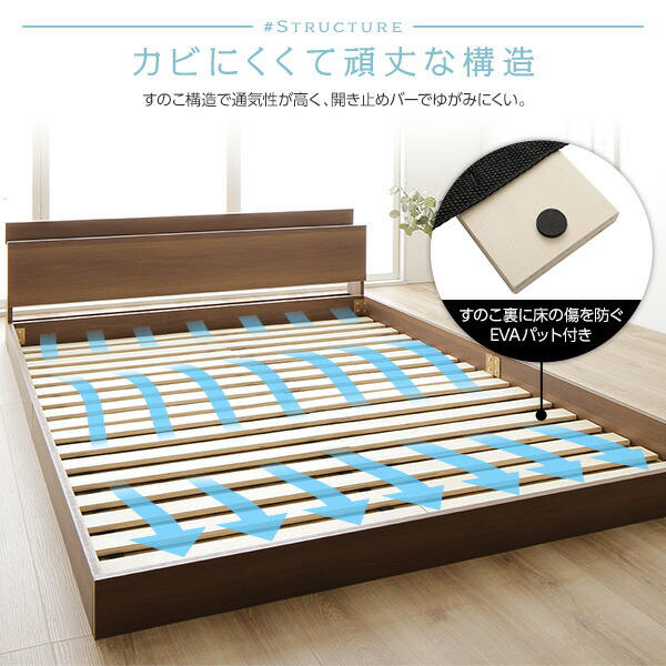 ベッド ダブル 国産ポケットコイルマットレス付 ハード ナチュラル 低床 すのこ コンセント 宮付 ローベッド 【北海道・沖縄・離島配送不可】_7