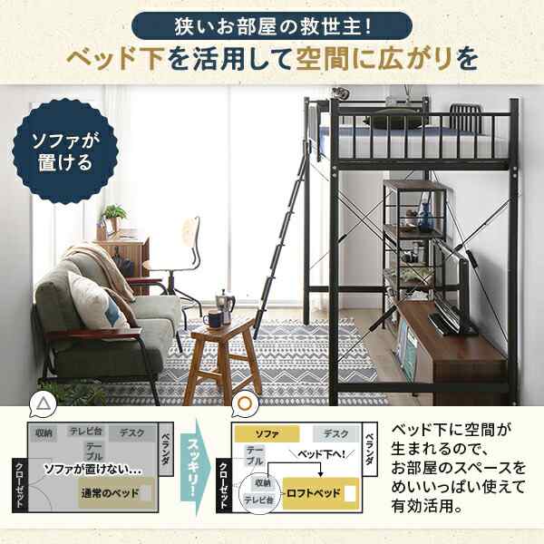 デスク付き ロフトベッド シングル ベッド+デスク75cm 〔ベッド