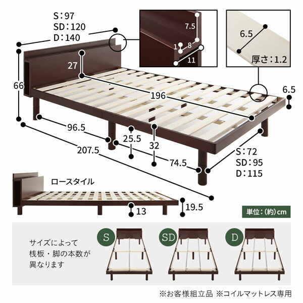 ベッド ダブル 3ゾーンポケットコイルマットレス付 ナチュラル 宮付き 高さ調整 すのこ ベット 【北海道・沖縄・離島配送不可】_3