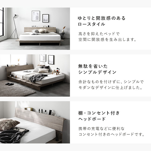 ローベッド 棚付 ステージタイプ クイーン 幅180cm ボンネルコイルマットレス付 ストーングレー ステージベッド 【北海道・沖縄・離島配送不可】_2
