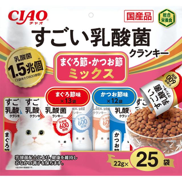 （まとめ買い）いなばペットフード CIAO すごい乳酸菌クランキー まぐろ節・かつお節ミックス 22g×25袋 猫用フード 〔×4〕 【北海道・沖縄・離島配送不可】