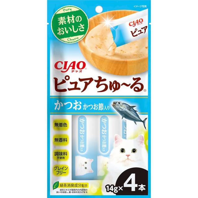 （まとめ買い）いなばペットフード CIAO ピュアちゅ〜る かつお かつお節入り 14g×4本 猫用おやつ 〔×20〕 【北海道・沖縄・離島配送不可】の通販は