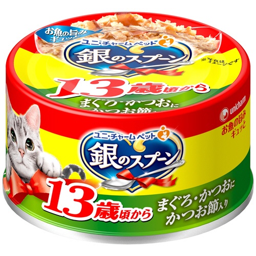 （まとめ買い）ユニ・チャーム 銀のスプーン缶 13歳が近づく頃から まぐろ・かつおにかつお節入り 70g 猫用フード 〔×24〕の通販は 4,972円