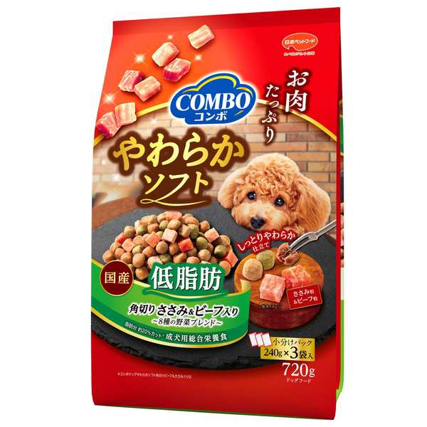 （まとめ買い）日本ペットフード コンボ ドッグ やわらかソフト 低脂肪 角切りささみ・ビーフ 野菜ブレンド 720g 犬用フード 〔×5〕の通販は