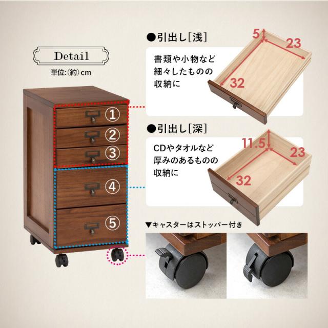 キャスター付き書類チェスト 〔ts120867〕 5段タイプ 幅28×奥行37×高さ60cm ブラウン 【北海道・沖縄・離島配送不可】