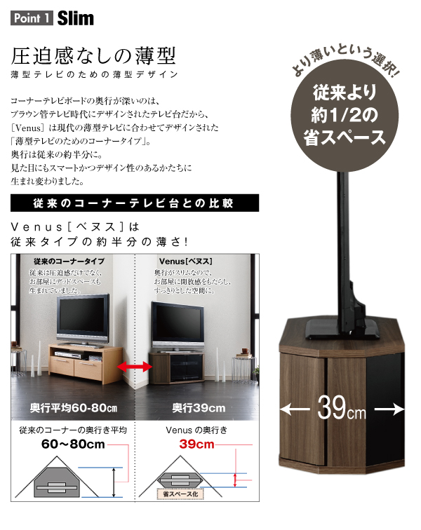 薄型コーナーロータイプテレビボード〔Venus〕ベヌス　レギュラータイプ ウォールナットブラウン 【北海道・沖縄・離島配送不可】_2