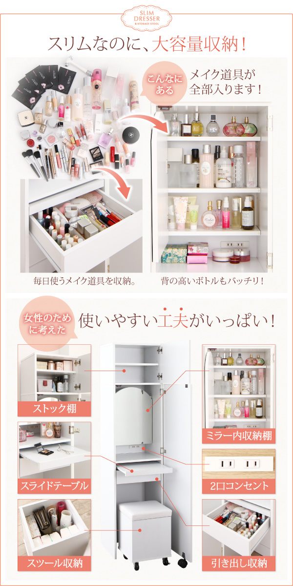 ゆみ様購入予定ドレッサー② 2口コンセント付き 全身ミラーになる すき間ドレッサー スツール