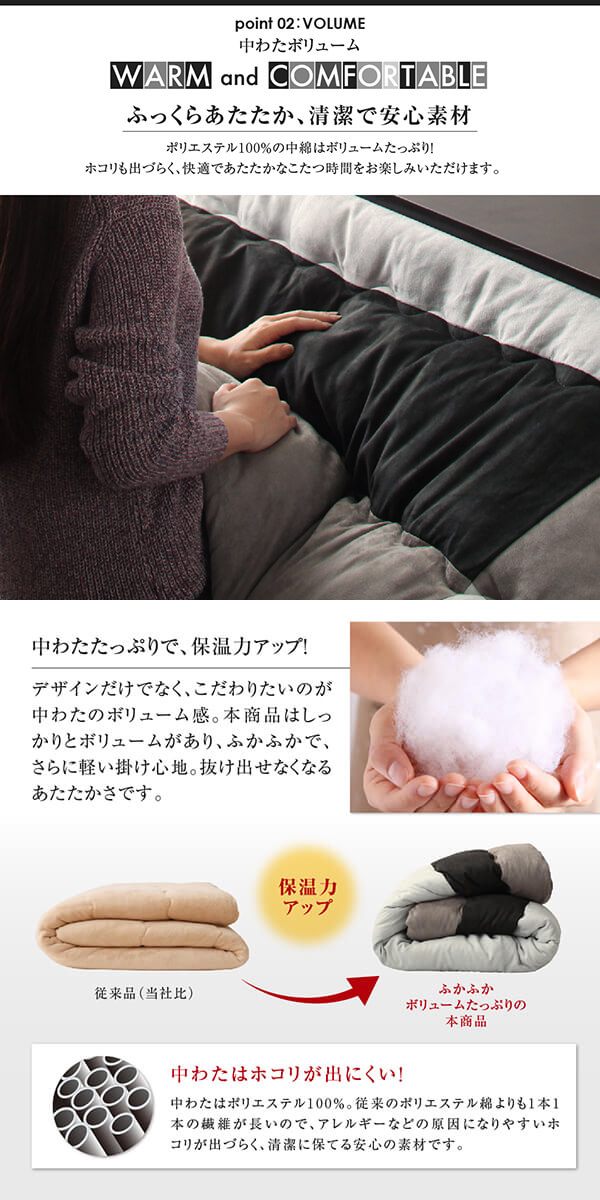 スウェード調パッチワーク こたつ布団 〔tsudoi〕ツドイ こたつ用掛け布団&敷き布団2点セット 4尺長方形(80×120cm)天板対応 サイレントブラック 【北海道・沖縄・離島配送不可】_3