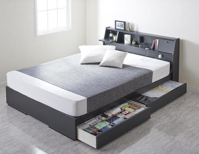 フラップ棚・照明・コンセントつき多機能ベッド〔Cercatore〕〔ボンネルコイルマットレス〕ダブル ホワイトの通販は