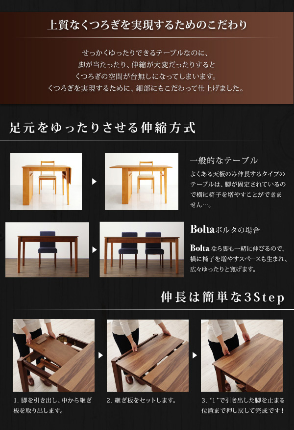 天然木ウォールナット材　伸縮式ダイニング　〔Bolta〕ボルタ　ダイニングテーブル(W120-180)のみ　単品販売　ウォールナットブラウン 【北海道・沖縄・離島配送不可】_4