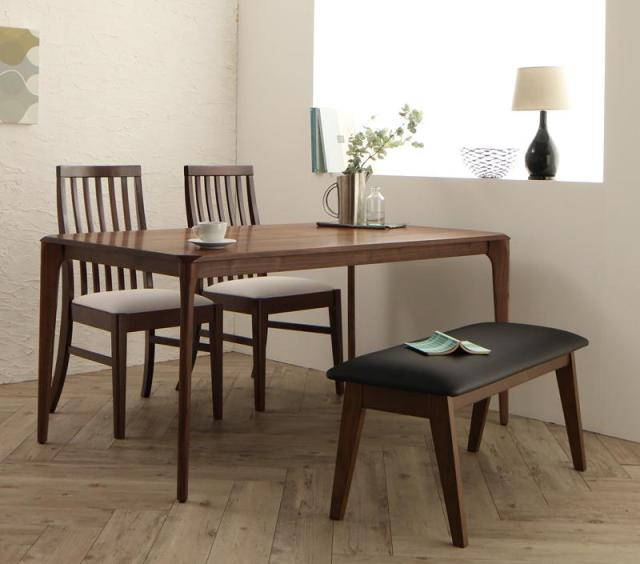 〔組立設置料込み〕天然木 ウォールナット無垢材 ダイニング 〔Virgo〕バルゴ 4点セット（テーブルW150＋チェア2脚＋ベンチ1脚） 〔チェア〕ブラック 〔ベンチ〕ホワイトの通販は