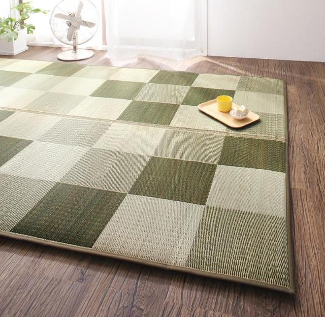厚みが選べる3タイプ 純国産ブロック柄い草ラグ 〔casule〕カジュール ウレタン12mm 140×200cm ブラウン 【北海道・沖縄・離島配送不可】