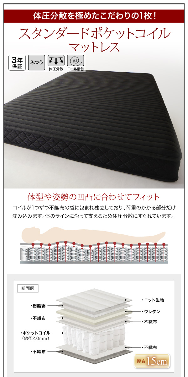 棚・コンセント付き 収納ベッド 〔VEGA〕ヴェガ 〔スタンダードポケットコイルマットレス付き〕 ダブル 〔フレーム色〕ブラック 〔マットレス色〕ブラック 【北海道・沖縄・離島配送不可】_4