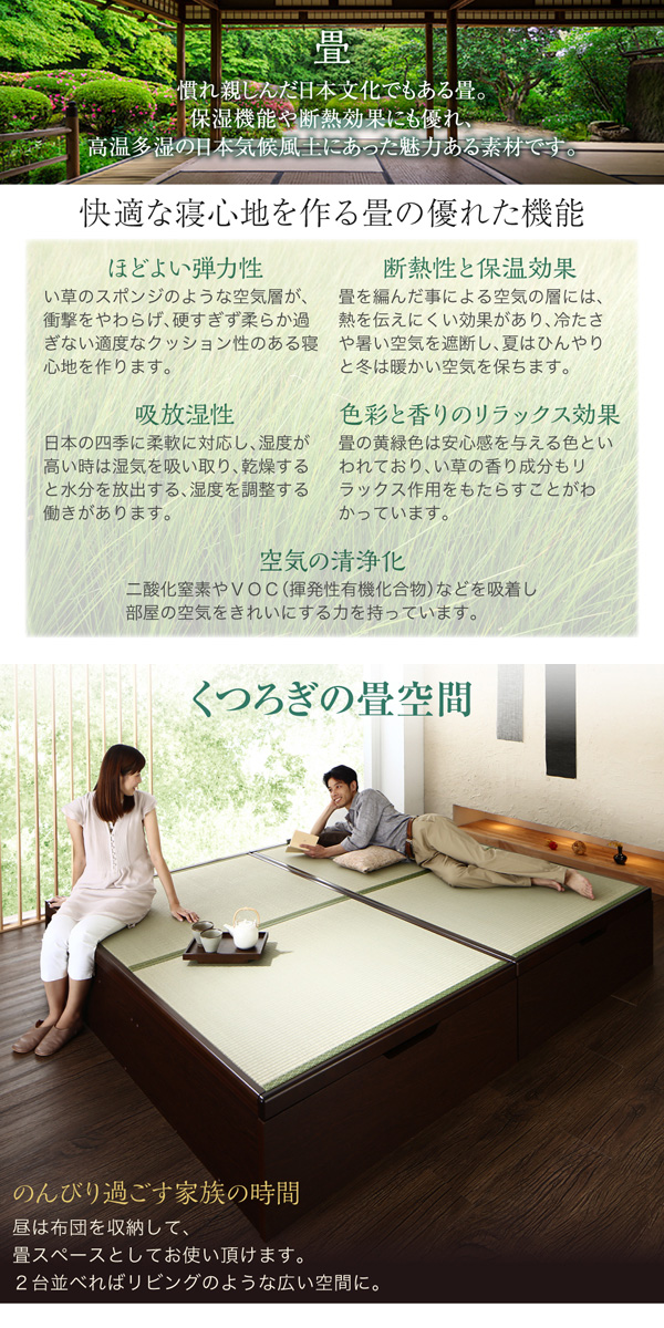 日本製 大容量収納 ガス圧式跳ね上げ 畳ベッド 涼香 リョウカ 国産畳 シングル 深さラージ 〔フレーム色〕ダークブラウン 【北海道・沖縄・離島配送不可】_2
