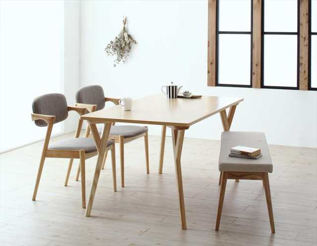 北欧ナチュラルモダンデザイン 天然木ダイニングシリーズ 〔Wors〕ヴォルス 4点セット(テーブルW140+チェア2脚+ベンチ1脚) 〔チェア座面色〕ライトグレー2脚の通販は