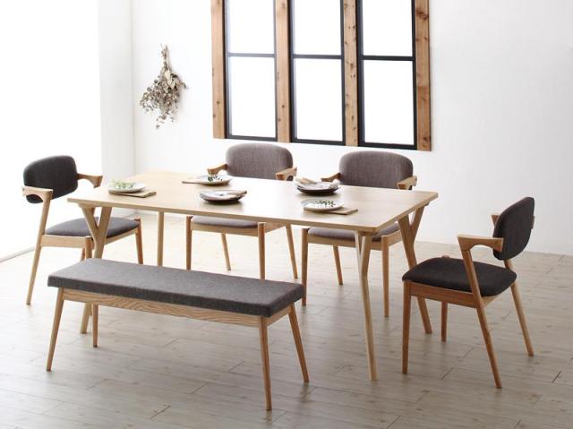 〔組立設置料込み〕北欧ナチュラルモダンデザイン 天然木ダイニングシリーズ 〔Wors〕ヴォルス 6点セット(テーブルW170+チェア4脚+ベンチ1脚) 〔チェア座面色〕ライトグレー4脚の通販は
