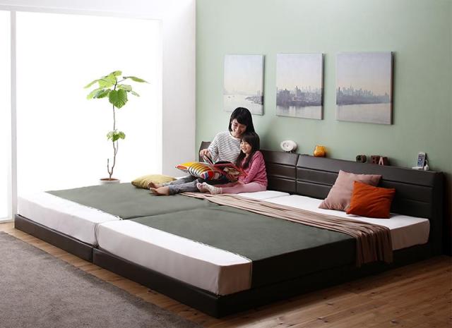 親子で寝られる 棚・コンセント付き レザー連結ベッド 〔Familiena〕ファミリーナ 〔国産ポケットコイルマットレス付き〕 ワイドK260(SD+D) 〔フレーム色〕ダークブラウン 【北海道・沖縄・離島配送不可】の通販は 196,087円