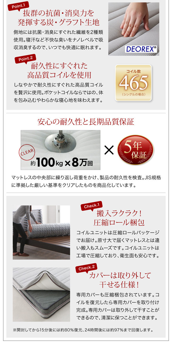 〔組立設置料込み〕棚・コンセント付き フロアベッド 〔mon ange〕モナンジェ 〔国産カバーポケットコイルマットレス付き〕 ダブル 〔フレーム色〕ウォルナットブラウン 【北海道・沖縄・離島配送不可】_5
