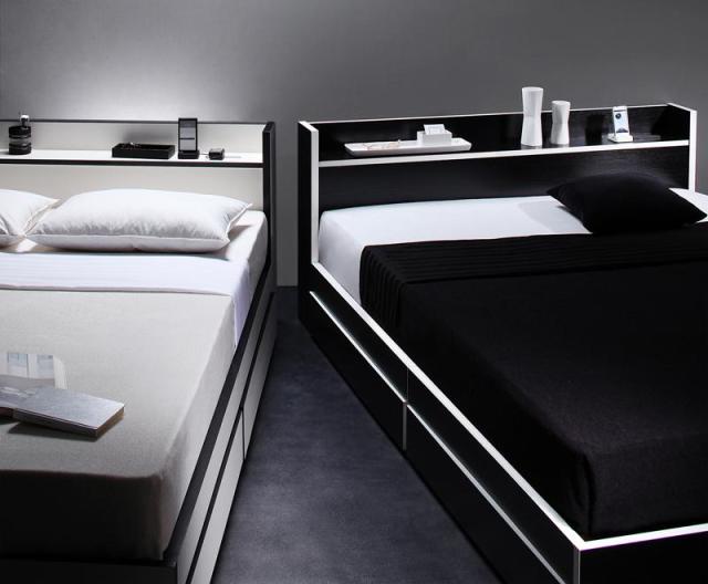 〔組立設置料込み〕モノトーン・バイカラー 棚・コンセント付き 収納ベッド 〔Fouster〕フースター 〔国産カバーポケットコイルマットレス付き〕 シングル 〔フレーム色〕白×ブラックエッジの通販は 74,029円