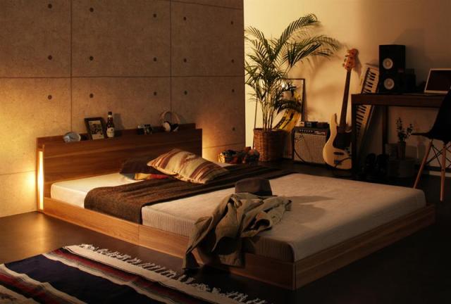 〔組立設置料込み〕スリムモダンライト付き フロアベッド 〔Crescent moon〕クレセントムーン 〔プレミアムボンネルコイルマットレス付き〕 ダブル 〔フレーム色〕ウォルナットブラウン 〔マットレス色〕ホワイトの通販は