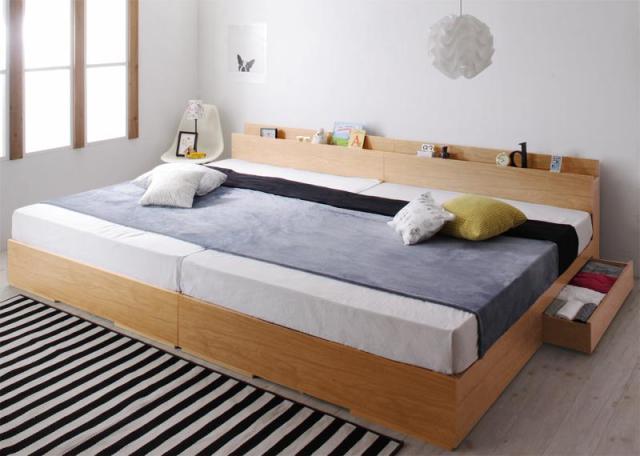 棚・収納付 大型ベッド 〔Cedric〕 〔プレミアムポケットコイルマットレス付き〕 ワイドK200(S×2) NA 〔マットレス色〕ホワイトの通販は 94,140円