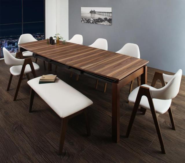 〔組立設置料込み〕北欧テイスト 天然木ウォールナット材 伸縮ダイニングシリーズ 〔Aurora〕オーロラ 8点セット(テーブル+チェア6脚+ベンチ1脚) 〔チェア色〕ホワイト6脚の通販は