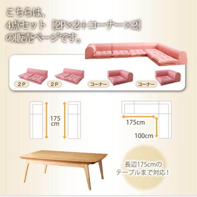フロアコーナーソファ 〔yuffy〕ユフィ ソファ4点セット 1Pサイズ+2Pサイズ+コーナー×2 ピンク 【北海道・沖縄・離島配送不可】_2